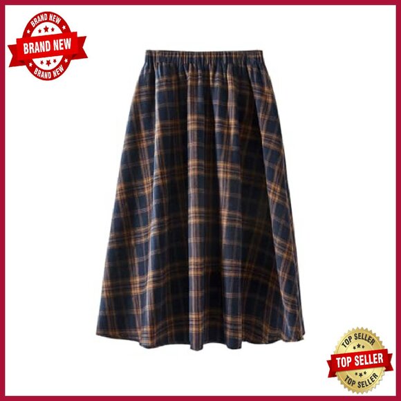 Plus Size Plaid Midi Skirt Elastic Waist Flowy Vintage Fall - Picture 2 of 6